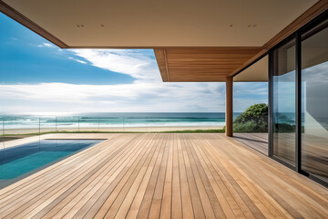 A vacant outside wooden terrace with a pool and a grassy yard in a contemporary beach home or a luxurious villa. Sea view from the outside of the building