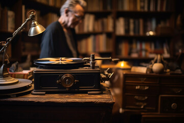 Fototapeta na wymiar a senior man enjoying analog records in his study