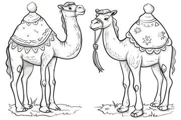 Black and white illustration for coloring animals, camel.