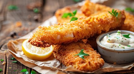 Breaded and fried fish fingers served with remoulade sauce and lemon - obrazy, fototapety, plakaty