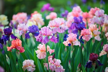 Fototapeta premium Beautiful iris flowers in the garden. Beautiful summer iris flowers.