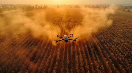 Agricultural drone from above working over field.  Agricultural technology concept.