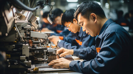 Asia workers working at technology production factory with industrial machines, manufacture. - obrazy, fototapety, plakaty