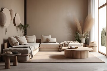 interior of a soft minimalist living room in warm beige tones with curved low furniture and natural materials