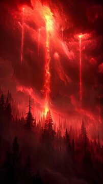 red sky line fire coming out forest background matte tears haze hell chaotic brutal
