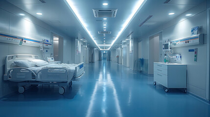 Obraz premium Biometrics, recovery ICU intensive care unit room ward with life support at hospital medical care emergency.