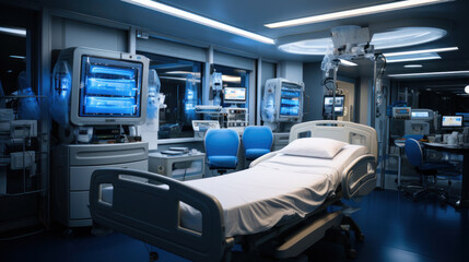Biometrics, recovery ICU intensive care unit room ward with life support at hospital medical care emergency.