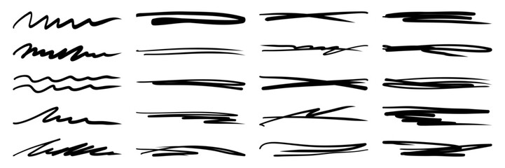 Set of ink hand drawn strikethrough lines. Crosses, curved and trendy scribble brush strokes. Isolated vector illustration.