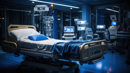 Biometrics, recovery ICU intensive care unit room ward with life support at hospital medical care emergency.