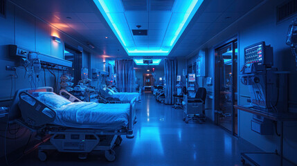 Obraz premium Biometrics, recovery ICU intensive care unit room ward with life support at hospital medical care emergency.