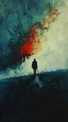 man walking beach surfboard deep color emotional sad album cover betraying eden wondering about others frequency princess world fire silhouetted red blue black - obrazy, fototapety, plakaty