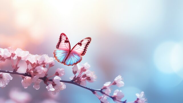 Spring background. Cherry blossom and butterfly.