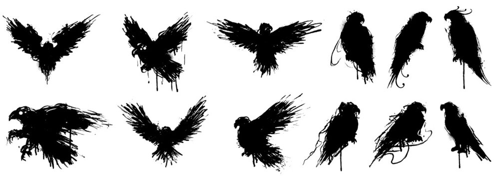 Handdrawn black silhouettes of birds. Black ink of Eagle, raven, hawk, falcon vector illustration