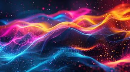Fototapeta na wymiar Vibrant abstract digital art depicting flowing wave patterns with sparkling particles, evoking a sense of motion and energy.