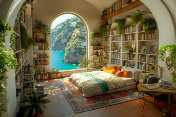 Italian bedroom with sea view of Italy city shores and mountains