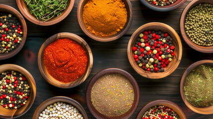 Assorted Spices in Bowls. Spice Background on Table, Top View