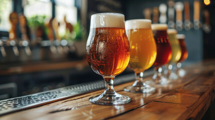 Craft beer on wooden bar. Tap beer in pint glasses arranged in a row.