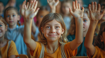 Elementary school students raise their hands to answer teacher questions in class room. - obrazy, fototapety, plakaty