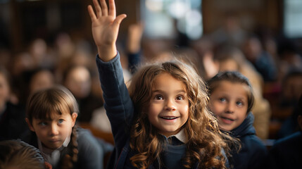Fototapeta premium Elementary school students raise their hands to answer teacher questions in class room.