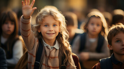 Fototapeta premium Elementary school students raise their hands to answer teacher questions in class room.
