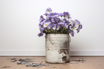 Bouquet of purple daisies in a metal bucket on a wooden floor