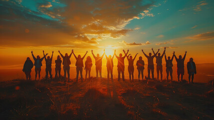Group training Happiness and Teamwork at sunset, Unity and success concept. Silhouette
