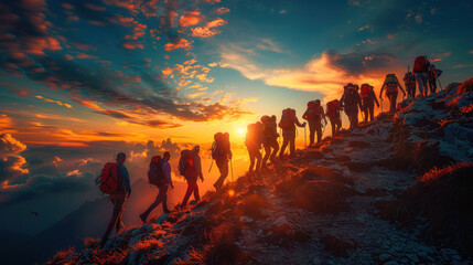 Group training Happiness and Teamwork at sunset, Unity and success concept. Silhouette - obrazy, fototapety, plakaty