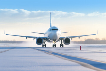 Fototapeta na wymiar A white commercial airplane flies over the snowy (icy) airport takeoff runway