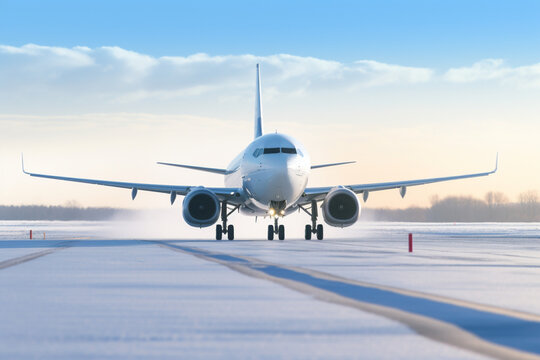 A white commercial airplane flies over the snowy (icy) airport takeoff runway