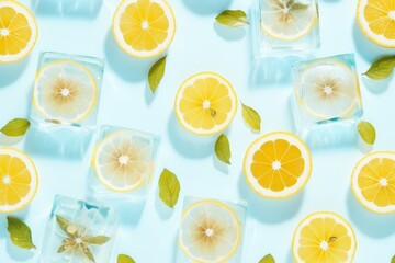 Slices of lemon and ice cubes with mint leaves on blue background. Flat lay, top view