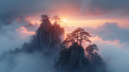 sharp jagged yellow mountains of Huangshan China covered in fog and clouds,generative ai