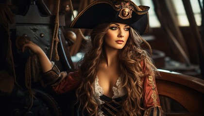 Fototapeta na wymiar A woman in a pirate costume posing on a boat