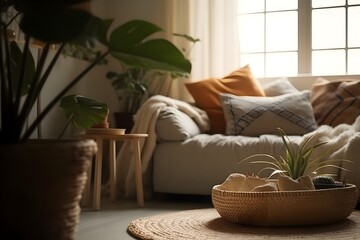 Comfortable living room with warm and inviting natural light, Indoor tropical houseplant for home interior and air purification, Pillow and soft blanket in relaxing environment