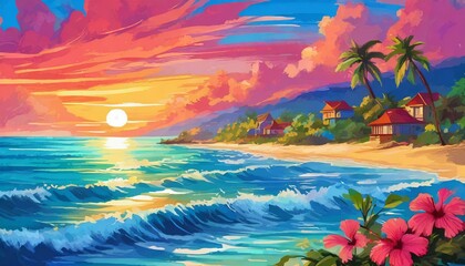 tropical sunset with palm trees, colors cerulean blue and hibiscus pink, illustrate a beach scene at sunset that uses complimentary colors, include a small beach town off the shoreline,Ai Generate 