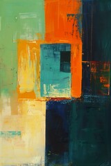 abstract square few squares different color orange turquoise oil captures emotion movement hanging scroll green blue thick layers rhythms