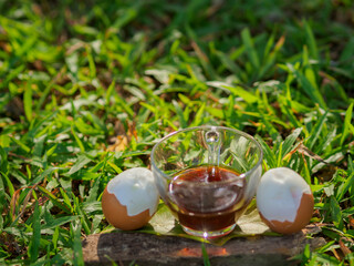 Coffee, boiled eggs, healthy breakfast in the grass