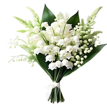 Spring bouquet of lily of the valley flowers, green leaves, and lily flowers tied with white ribbon. The image is isolated on a white background. For Mother's Day cards, birthday cards, wedding
