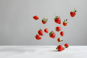 fresh strawberry falling in the air on a white isolated background 