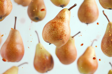 fresh pears falling in the air on a white isolated background