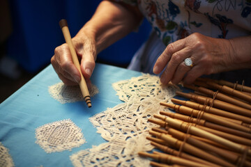 a woman making lace with bobbin lace - obrazy, fototapety, plakaty