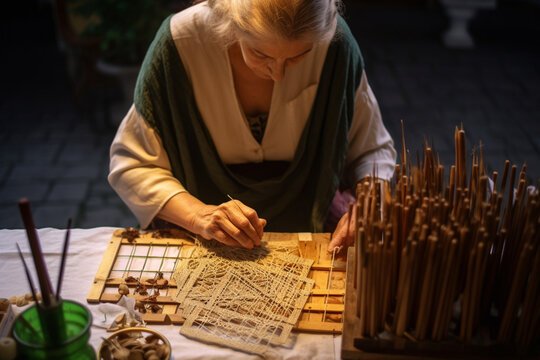 a woman making lace with bobbin lace