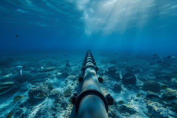 The gas pipeline runs on the seabed. Transport of gas, oil. Concept of economy, oil and gas industry - obrazy, fototapety, plakaty