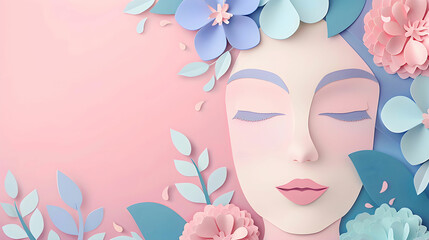 Women face and flowers paper cut style for International Women's Day and Mother Day background
