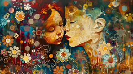 Painting Of A Mother And Child with abstract floral For International Women's Day, Mother Day