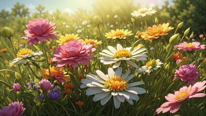 A Highly Detailed Digital Artwork of Flowers in a Sunny Meadow - obrazy, fototapety, plakaty