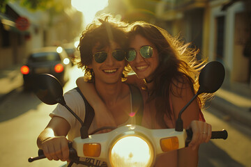 hipster couple having fun outdoor on scooter in summer