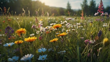 A Highly Detailed Digital Artwork of Flowers in a Sunny Meadow - obrazy, fototapety, plakaty