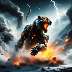 A robotic tiger running, sci-fi scene, background is fire, smoke, explosion, lava, black clouds, thunderbolt and lightning, Wall Art for Home Decor