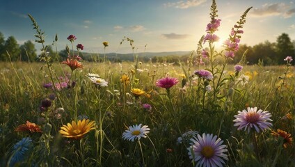 A Highly Detailed Digital Artwork of Flowers in a Sunny Meadow