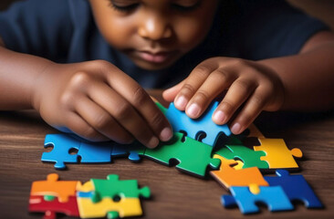 African american boy assembling colorful jigsaw puzzle,hands close-up,World Autism Awareness Day April 2. - obrazy, fototapety, plakaty